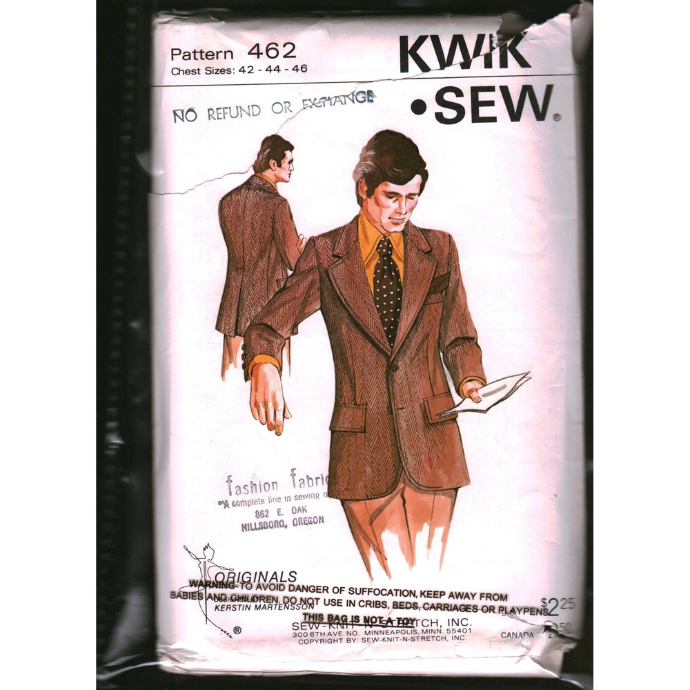 Vintage Kwik Sew 462 Mens Blazer Sport Coat Sewing Pattern Chest 42-46 Retro 70s
